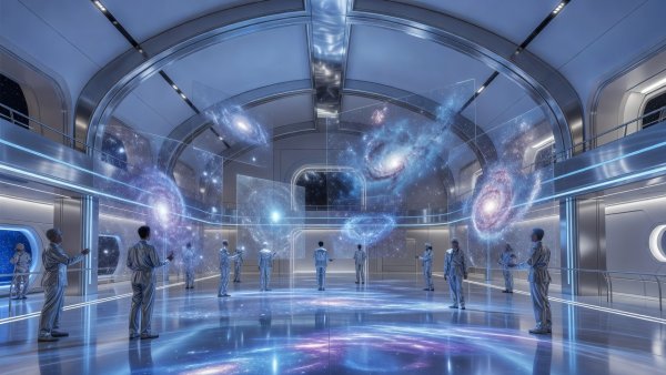 Elegant astronomy research hall with holographic galaxy maps, silver architecture, and blue ambient lighting
