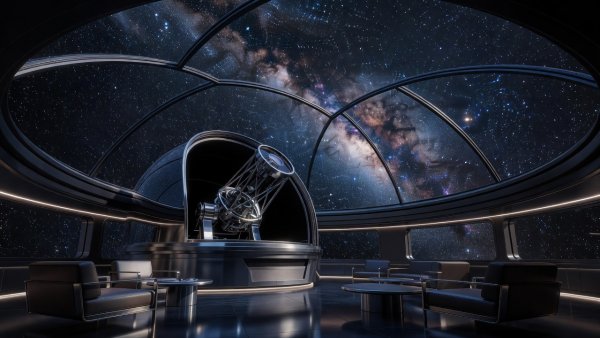 Luxury orbital observatory with giant telescope dome, panoramic glass ceiling, and stars
