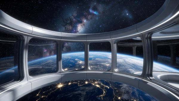 Modern planetarium overlooking Earth from orbit with curved observation windows and cosmic scenery
